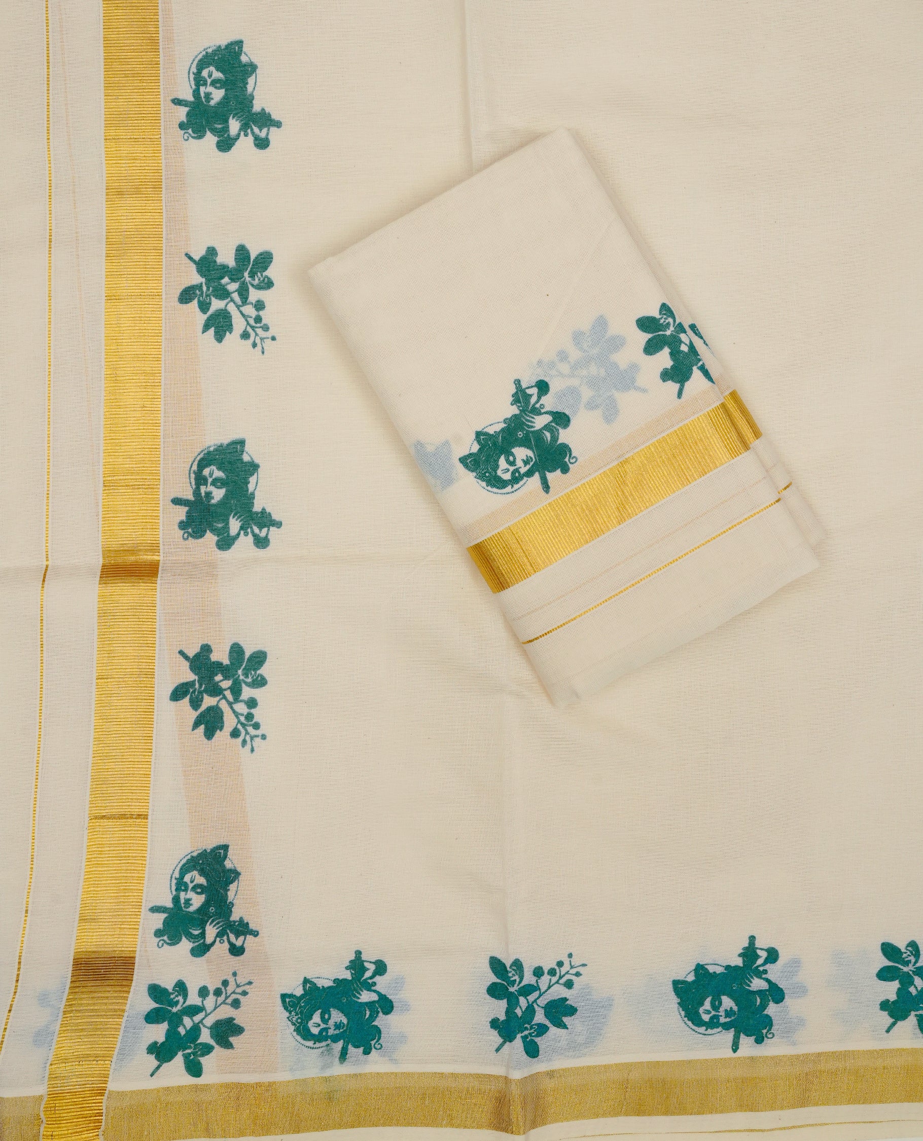 Cream colour Cotton set mundu With plain body, enhance gold zari with Teal colour Krishna & Floral print kara.