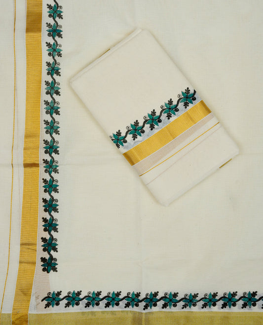 Cream colour cotton set mundu featuring Gold colour kara with print