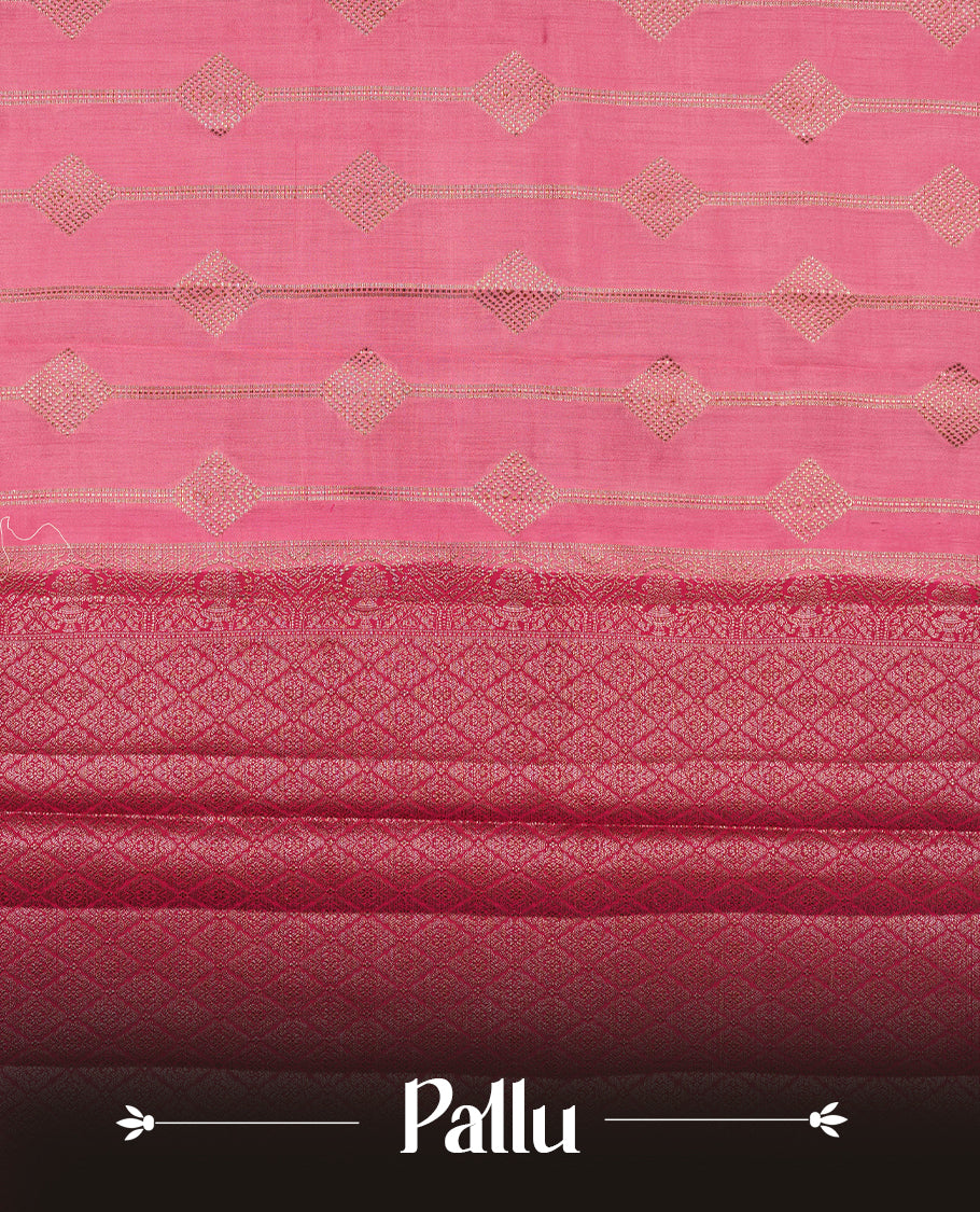 Pink Banaras soft silk saree with gold stripes with square motifs on body, with contrast magenta colour floral pattern on pallu, border, and Matching blouse.