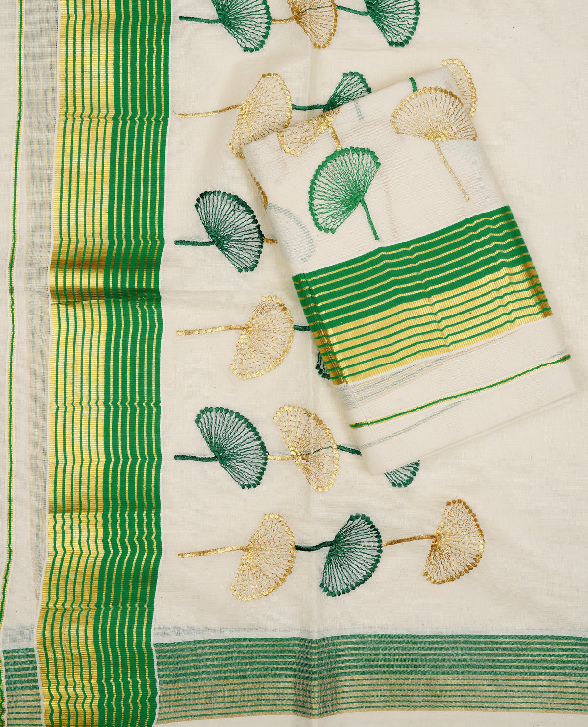 Cream colour cotton Set Mundu With Plain body, enhanced with Green & Gold kasavu with Embroidery worked  kara.