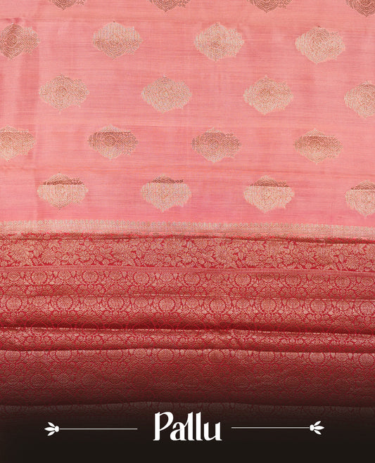Pink peach Banaras soft silk saree with gold zari motifs on body, with contrast deep red colour floral pattern on pallu, border, and Matching blouse.