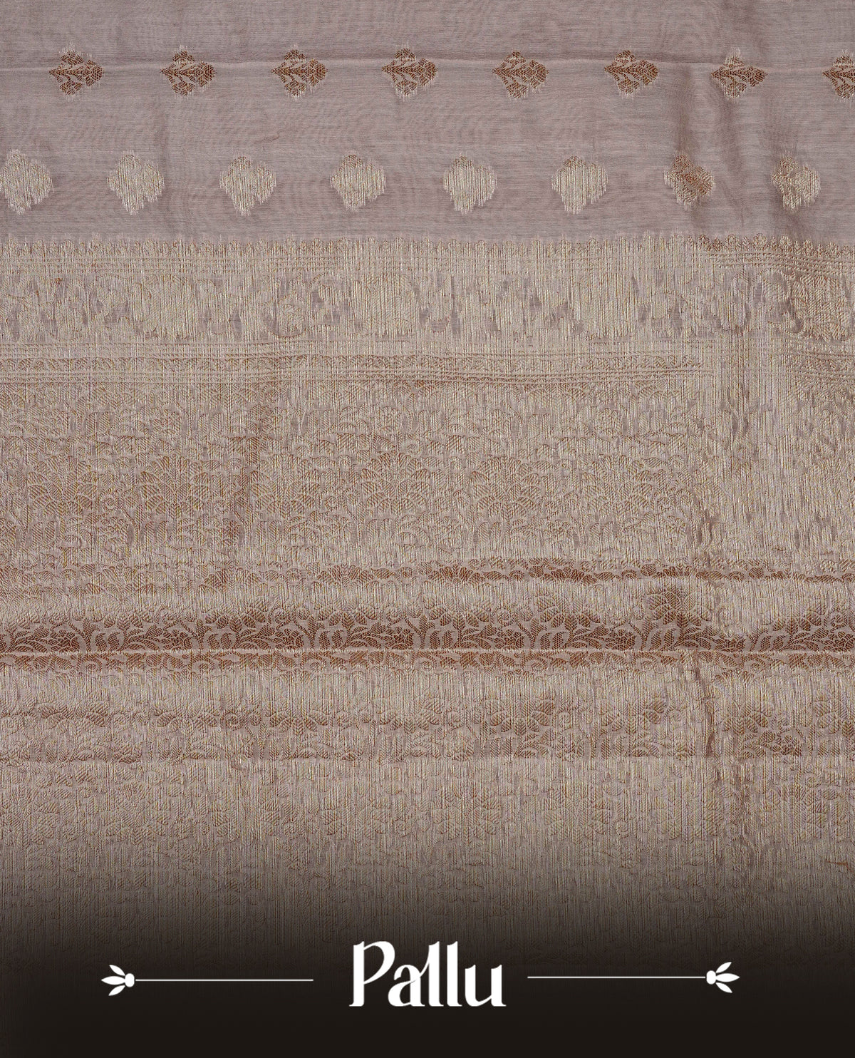 Beige colour Banaras silk saree featuring gold zari buttas on body, complemented by self colour with zari border, comes with matching blouse piece.