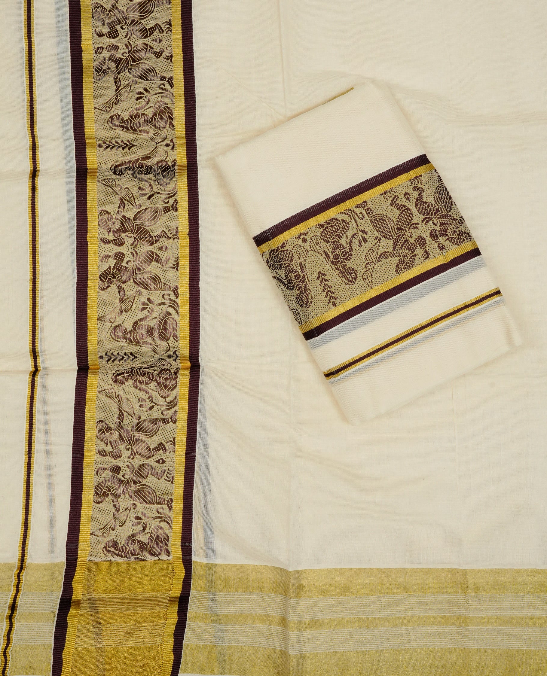 Cream colour Cotton set mundu With plain body, enhance gold zari with Chocolate colour design kara.