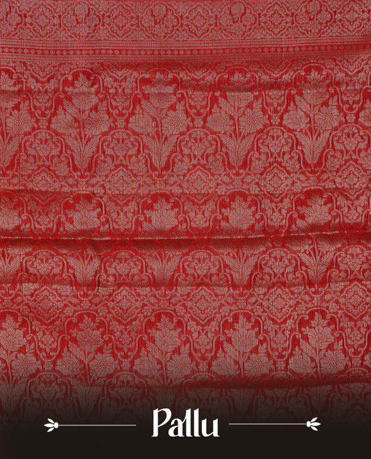 Pink colour banaras saree featuring Gold zari buttas on body, complemented by contrast Maroon colour with simple zari border, comes with matching blouse piece.