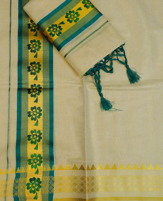Light gold tissue set mundu featuring Teal colour print on kasav kara.