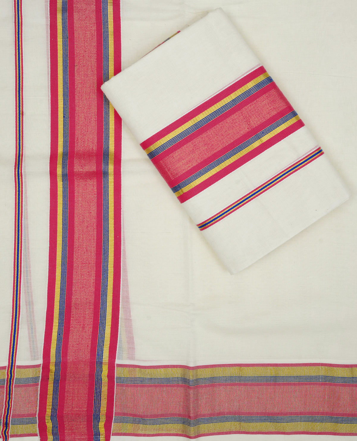 Cream colour cotton set mundu featuring gold & blue, magenta colour kara.