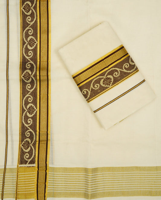 Cream colour Cotton set mundu With Plain body, enhance gold zari with Chocolate Colour pattern kara.