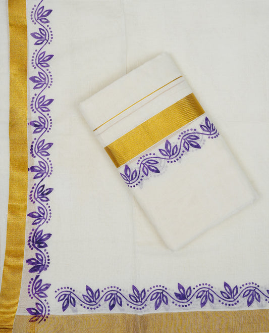 Cream colour cotton set mundu featuring gold kasav kara with purple kodi print