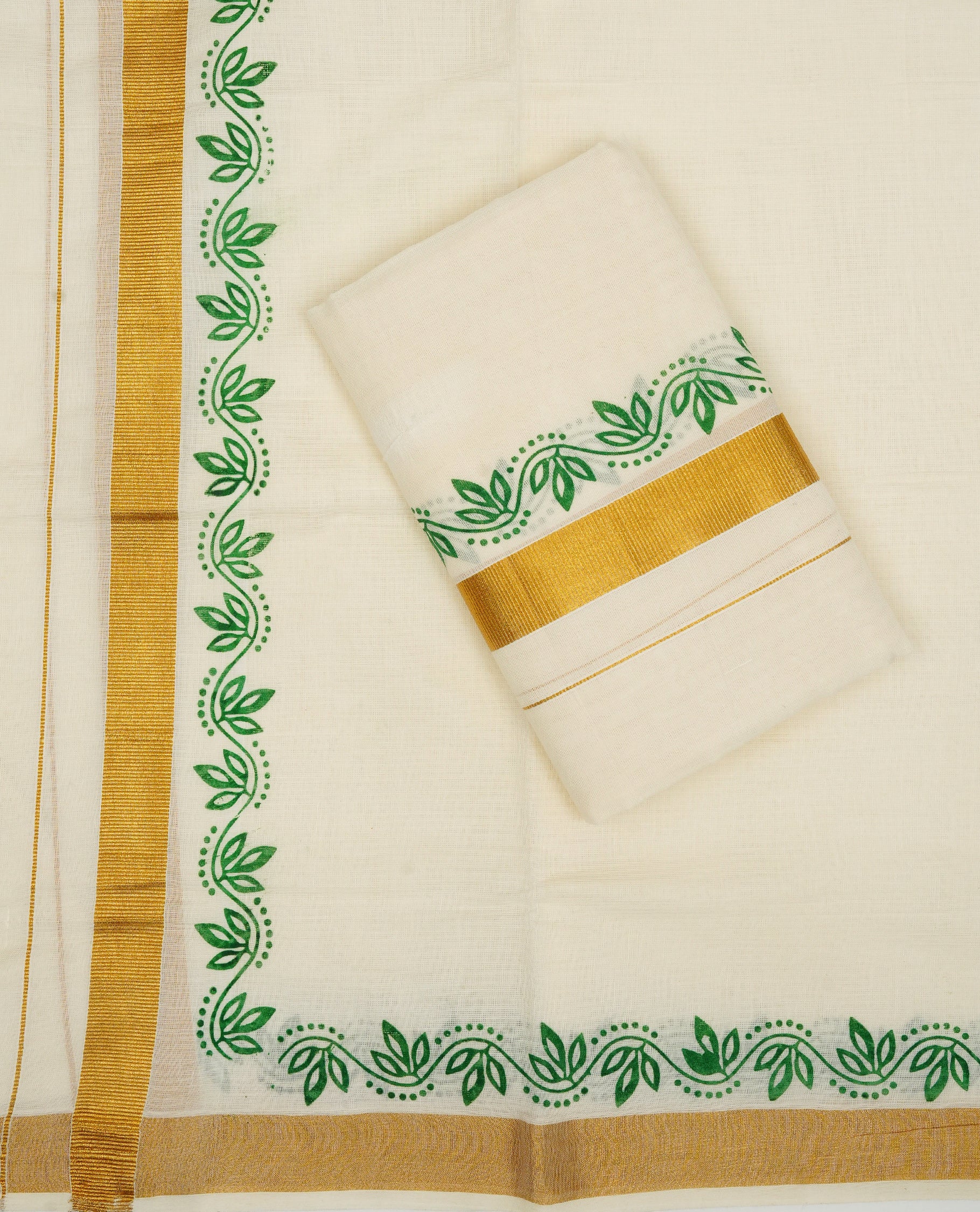 Cream colour cotton set mundu featuring Elegant plain body, complemented by green colour floral kodi print with gold zari kara.