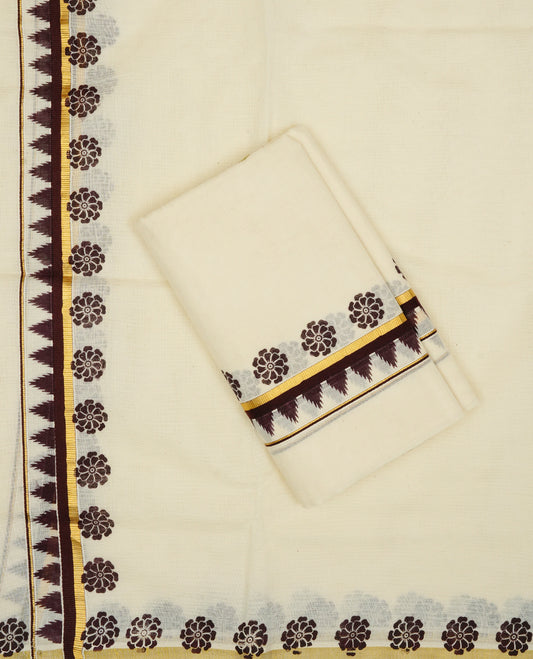 Cream colour Cotton set mundu With plain body, enhance gold zari with Dark chocolate temple & floral print kara.