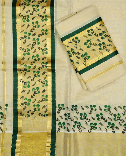 Cream Colour tissue set mundu featuring a plain body, enhanced with elegant green floral motifs an a rich gold zari kara