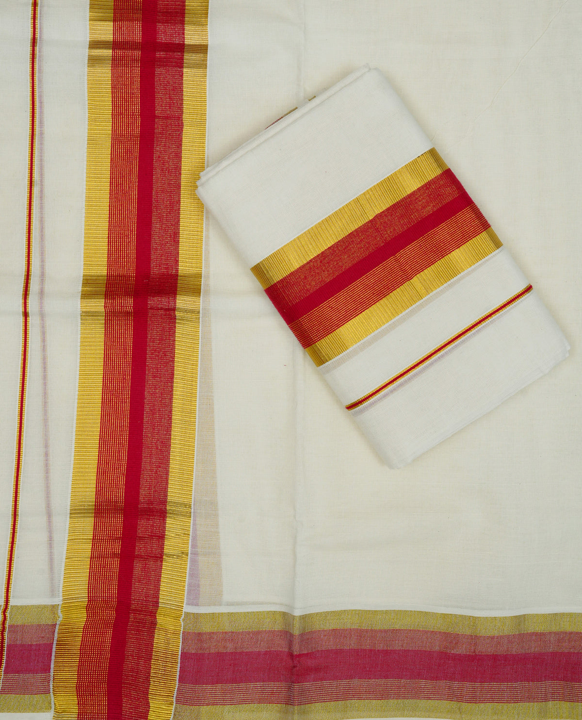 Cream colour cotton set mundu featuring gold kasav with red kara.