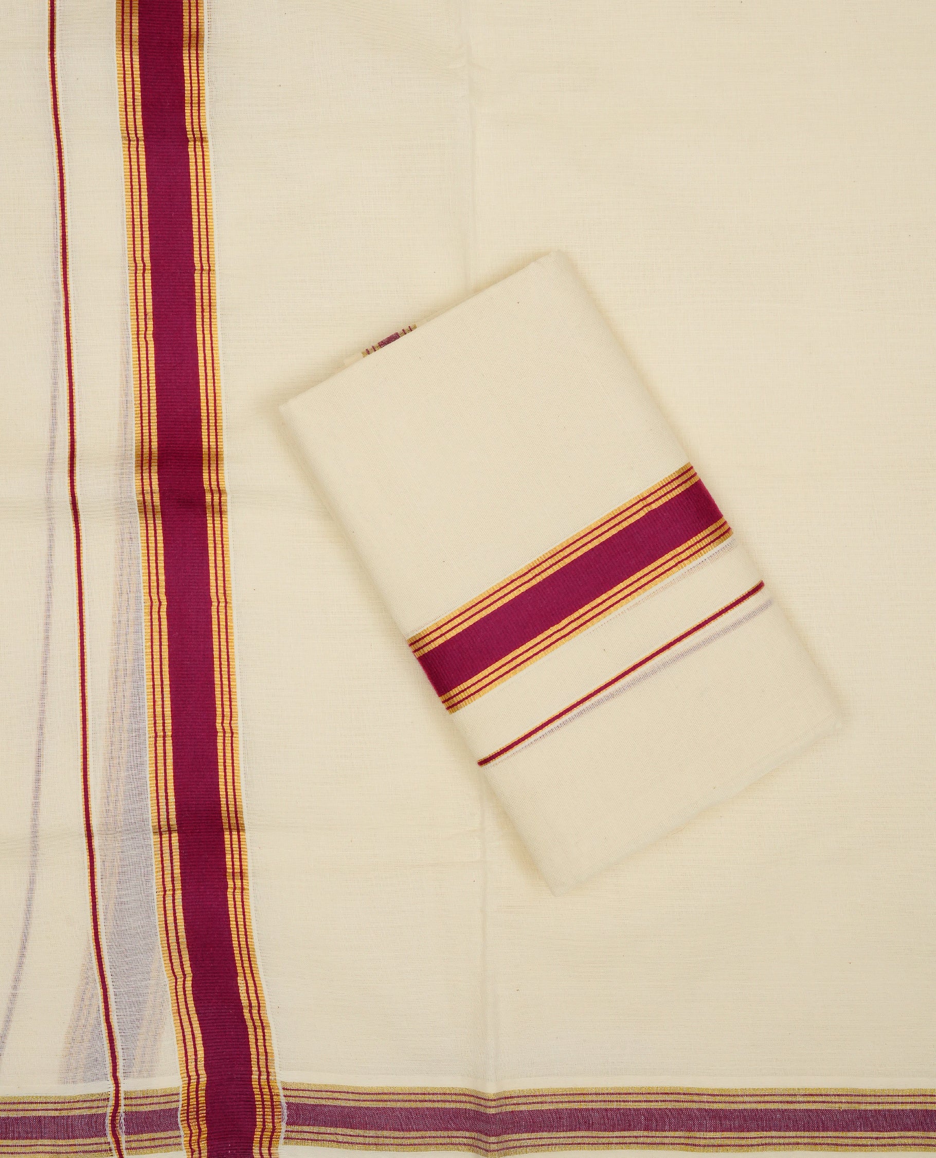 Cream colour Cotton set mundu With plain body, enhance gold zari with Maroon kara.