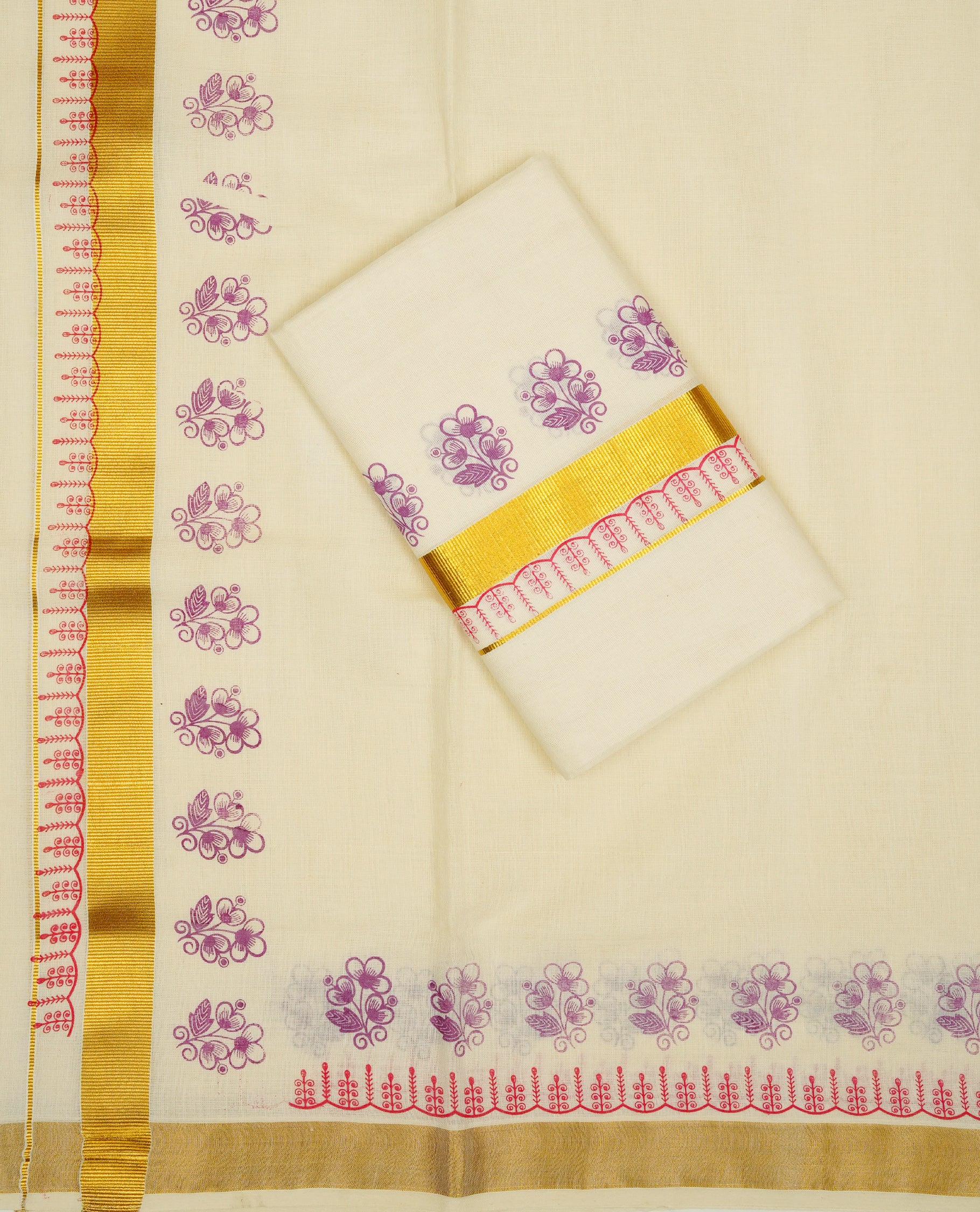 Cream colour cotton Set Mundu With Plain body, enhanced with gold Kasav With Printed kara.