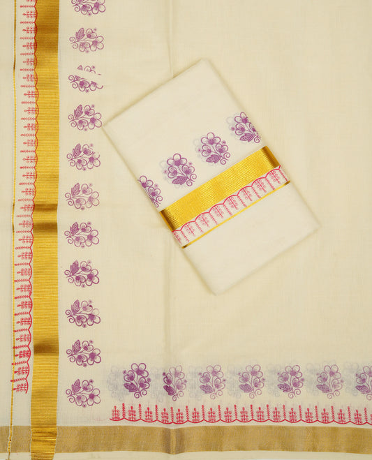 Cream colour cotton Set Mundu With Plain body, enhanced with gold Kasav With Floral Printed kara.