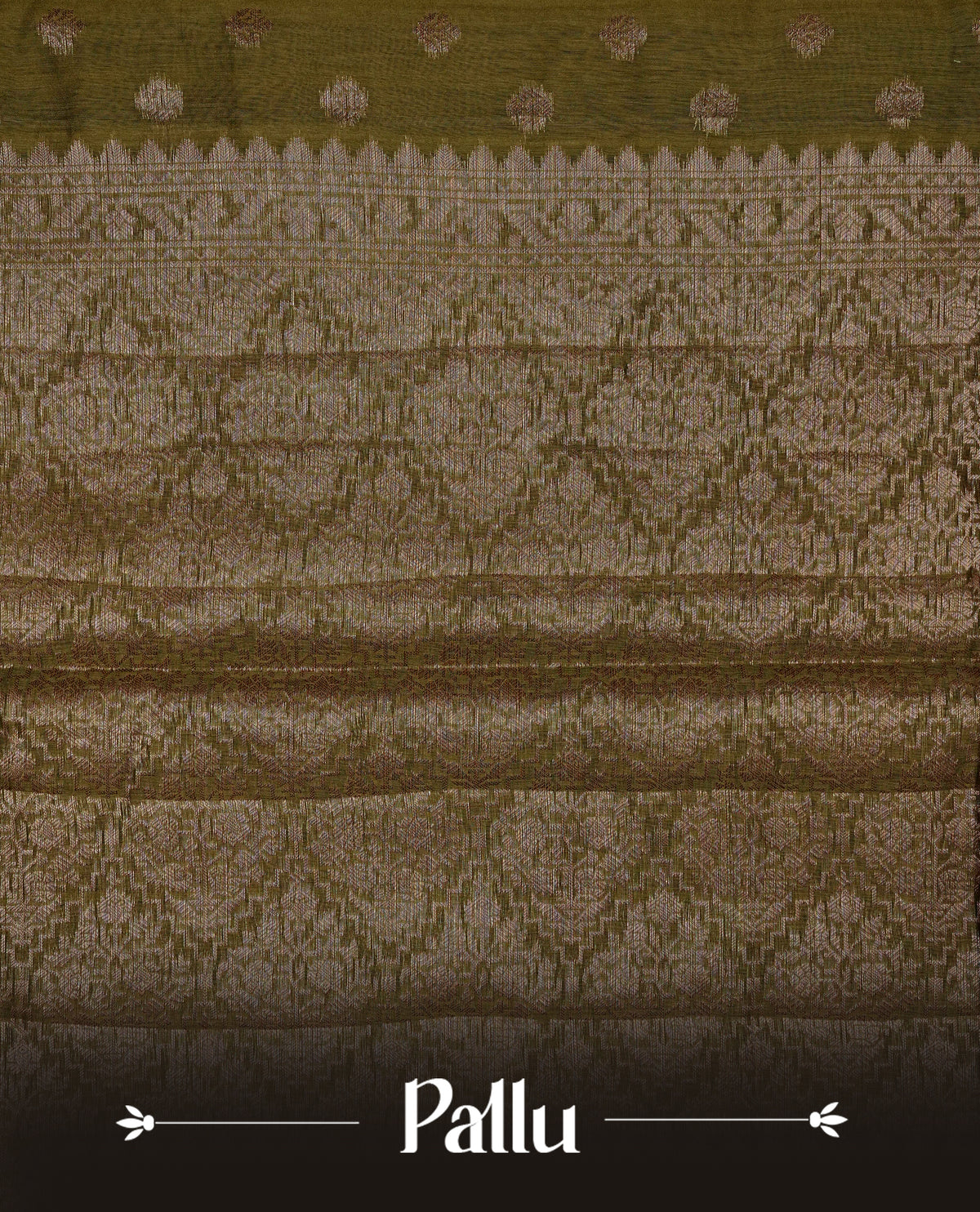 Olive green colour Banaras saree featuring Gold zari buttas on body, compelmented by zari pattern on self colour border, comes with matching blouse piece.