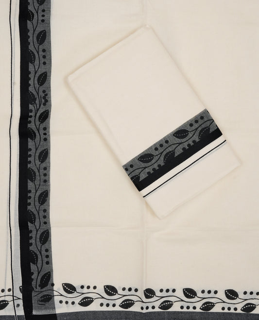 Cream colour cotton Set Mundu With Plain body, enhanced with Black & kodi Printed kara.