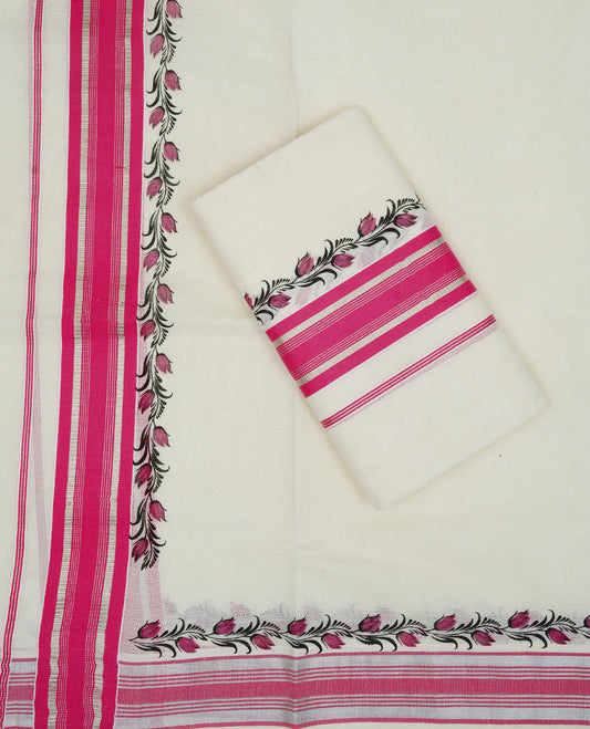 Cream colour cotton set mundu featuring Pink colour kara with print