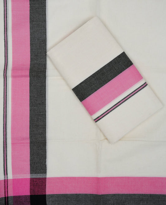 Cream colour cotton set mundu featuring grey & pink kara.