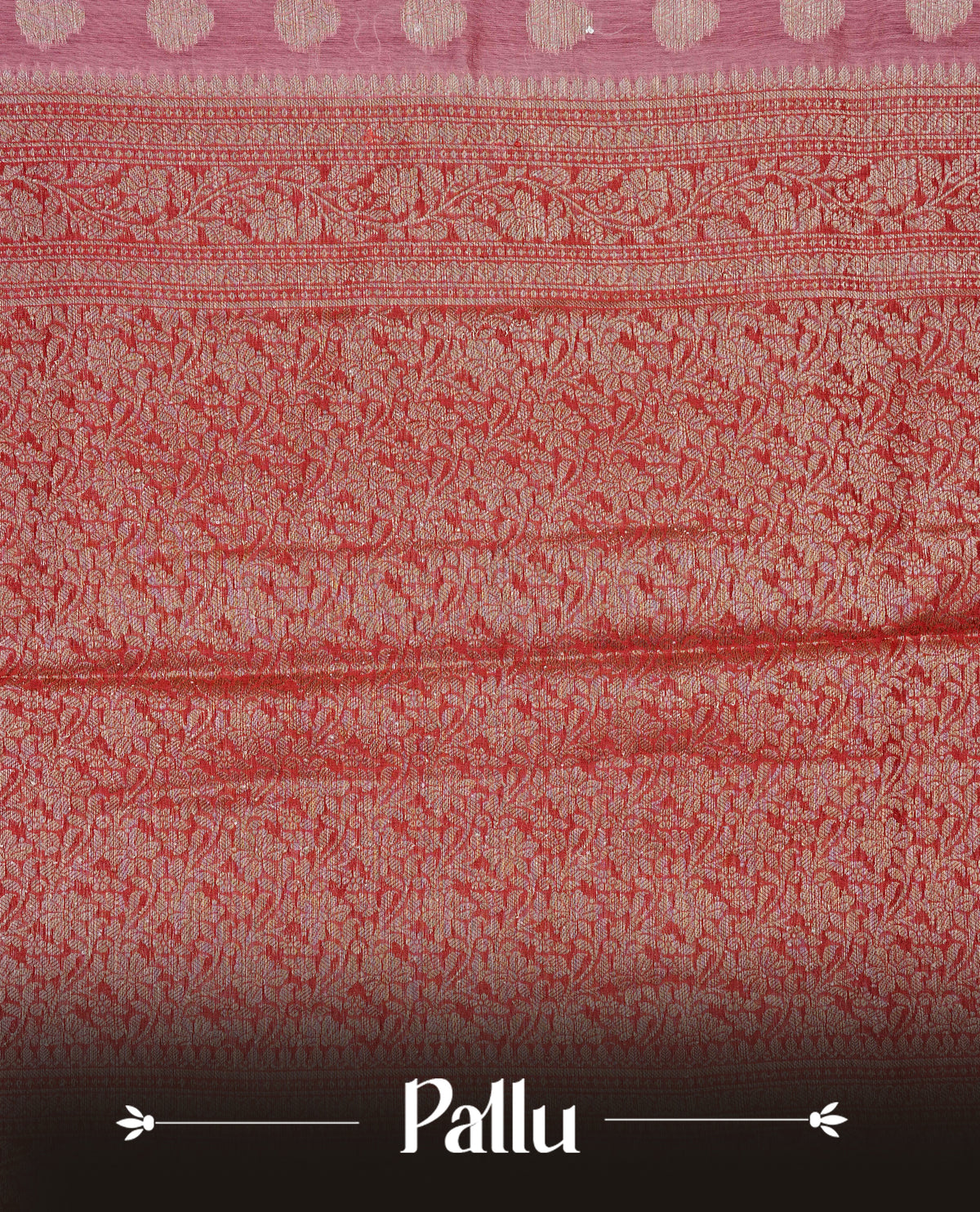 Pink colour banaras silk saree featuring gold zari buttas on body, complemented by contrast Red with gold zari border, comes with matching blouse piece.