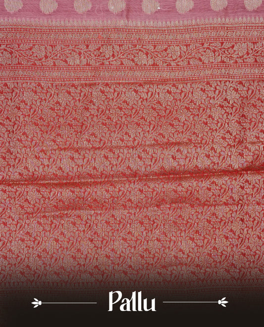 Pink colour banaras silk saree featuring gold zari buttas on body, complemented by contrast Red with gold zari border, comes with matching blouse piece.