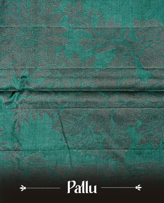 Green colour banaras saree featuring Antique zari kodi pattern on body, complemented by borderless & comes with matching blouse piece.