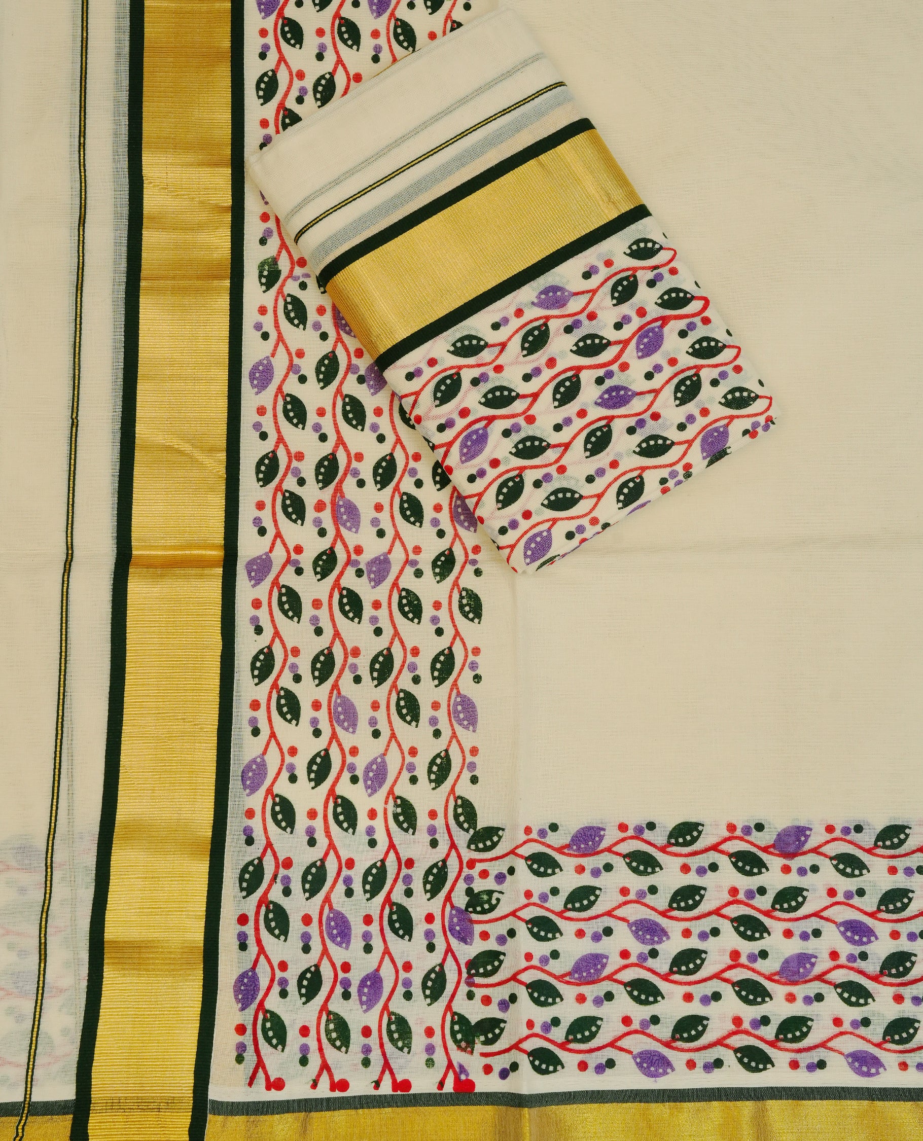 Cream colour cotton set mundu featuring gold kasav with green kara & leaf kodi print..