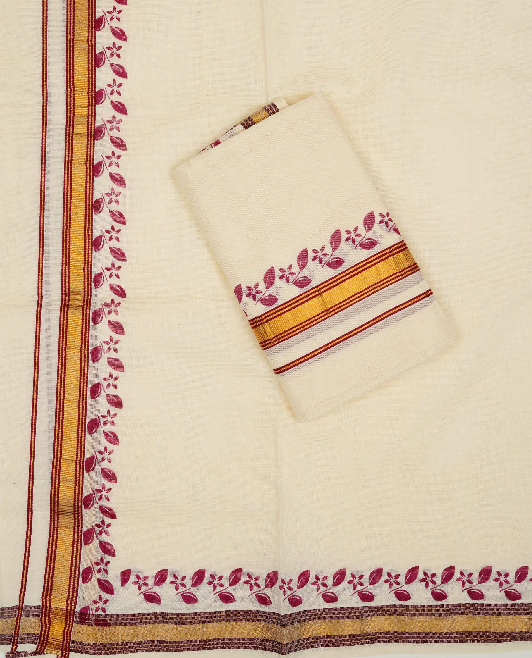 Cream colour Cotton set mundu With plain body, enhance gold zari with Maroon print & Maroon kara.