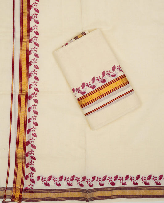 Cream colour Cotton set mundu With plain body, enhance gold zari with Maroon print & Maroon kara.