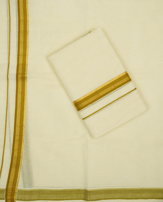 Cream colour cotton Set Mundu With Plain body, enhanced with Gold zari & Olive kara.