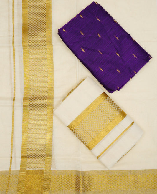 Cream colour cotton set mundu with plain body, featuring Gold zari Box pattern kara.