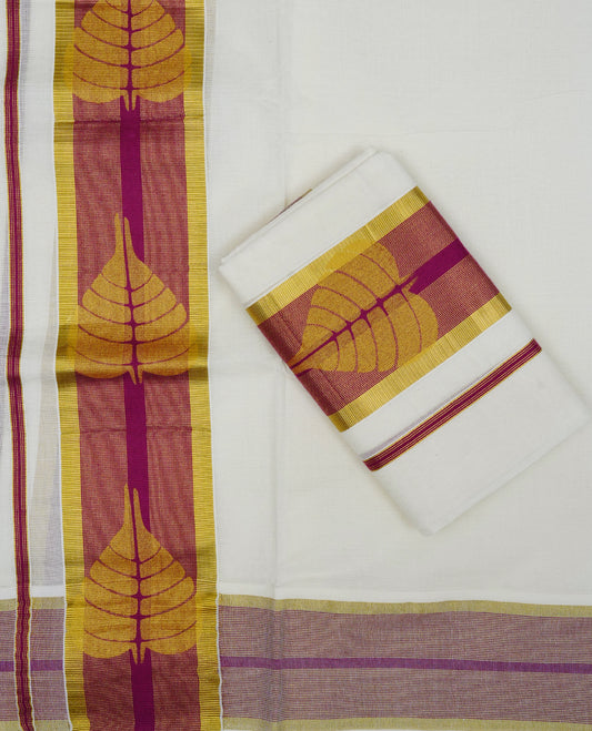 Cream colour Cotton Set mundu featuring gold Leaf print on maroon & gold Border.