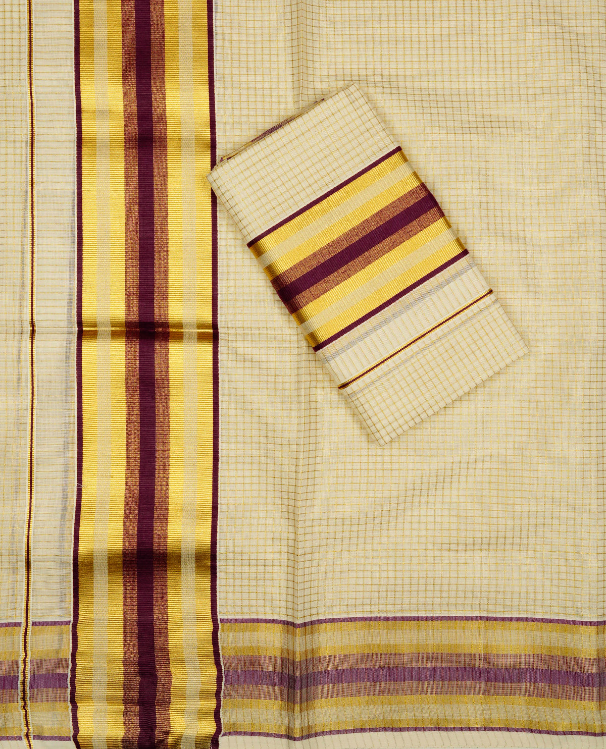 Cream colour Cotton set mundu With gold zari check on body, enhance gold zari & Maroon colour kara.
