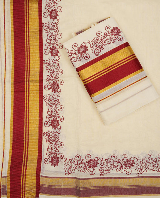 Cream colour Cotton set mundu With plain body, enhance gold zari with Maroon Floral print kara.