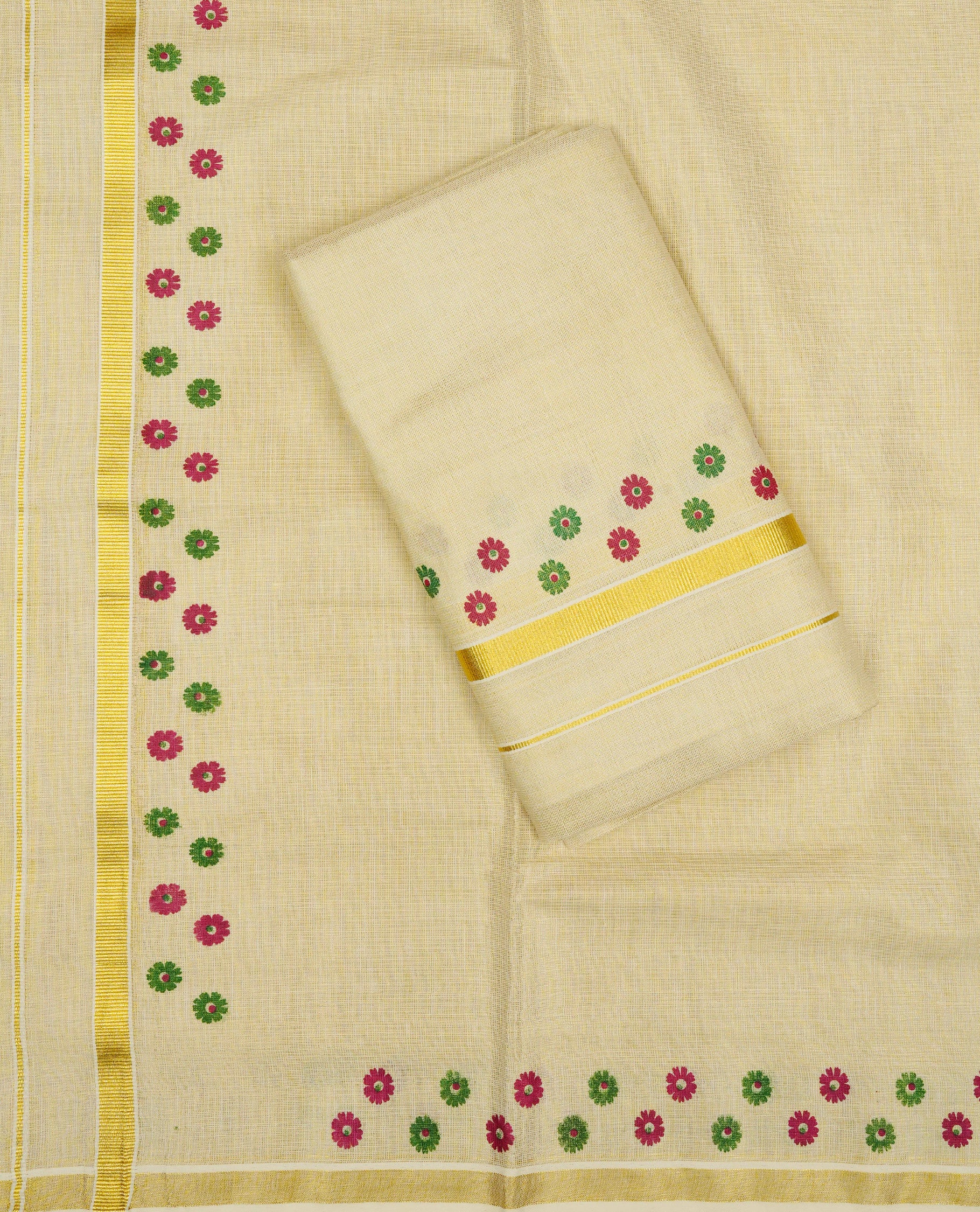 Cream Colour  tissue set mundu featuring a plain body, enhanced with Green & Magenta Colour Floral prints with a gold zari kara.