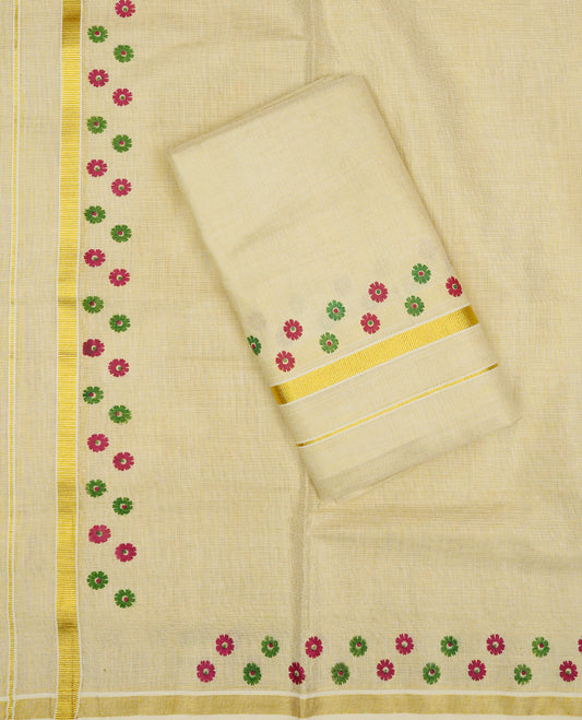 Cream Colour  tissue set mundu featuring a plain body, enhanced with Green & Magenta Colour Floral prints with a gold zari kara.