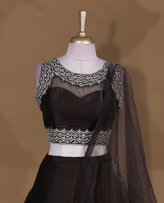 Chocolate brown colour lehenga set with stitched sleeveless embellished yoke blouse featuring sheer neckline, matching stitched flared lehenga, and plain sheer dupatta.