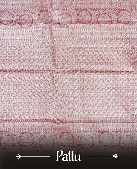 Red & Gold Double shade Semi Tissue Silk saree featuring Light gold Kodi pattern on body, complemented by Contrast Pink with gold zari border, paired with matching blouse piece.