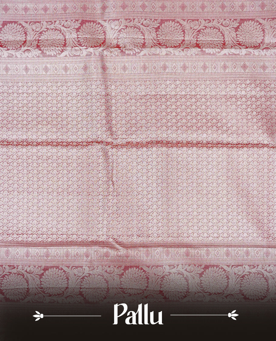 Red & Gold Double shade Semi Tissue Silk saree featuring Light gold Kodi pattern on body, complemented by Contrast Pink with gold zari border, paired with matching blouse piece.