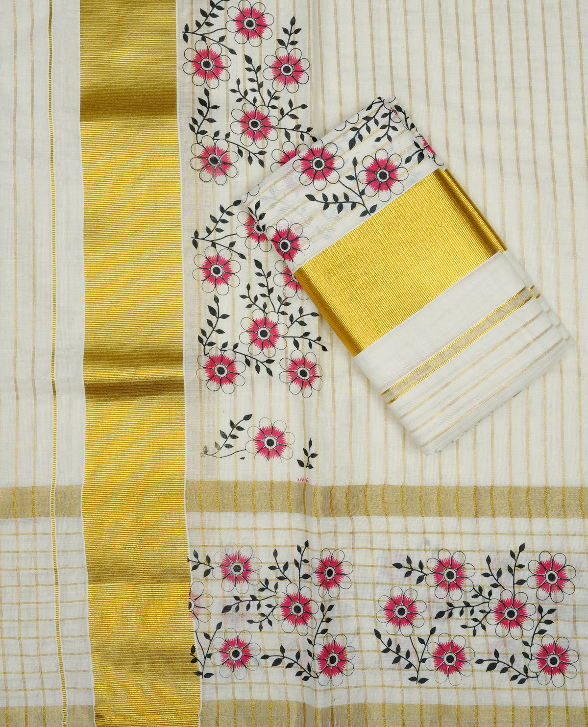 Cream colour cotton set mundu featuring Gold strips on body, gold kasav with red Floral print kara.