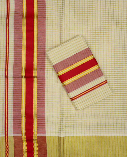 Cream colour Cotton set mundu With Gold zari check on body, enhance gold zari with red colour kara.