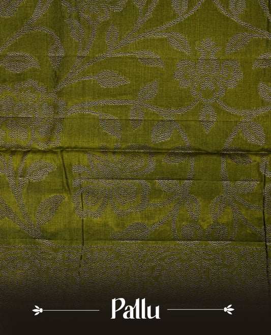 Olive colour banaras saree featuring Antique zari kodi pattern on body, complemented by Zari pattern on self colour border, comes with matching blouse piece.