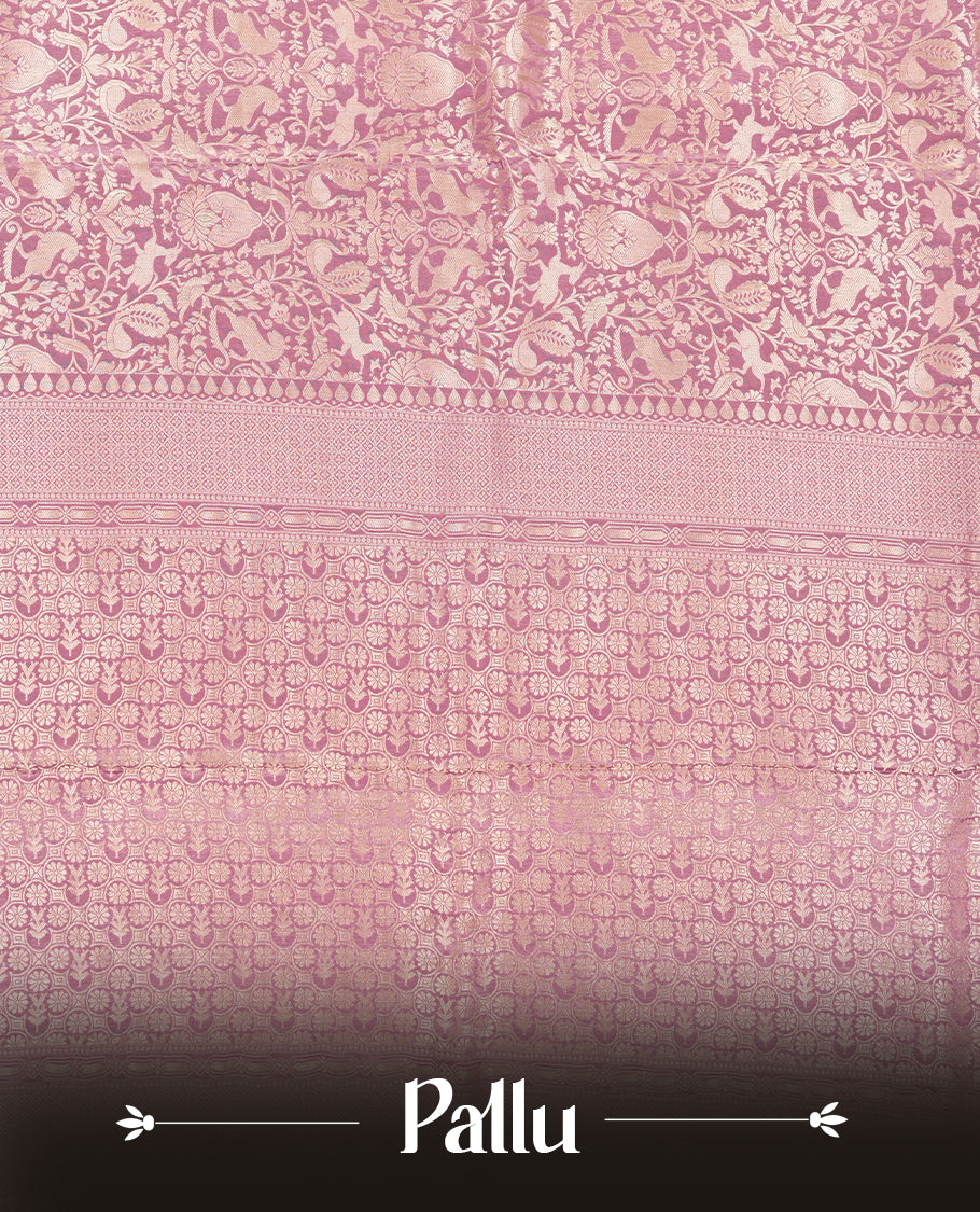 Lavender colour Mysore Crepe Silk saree fearturing gold zari kodi visiri & Animal brocade pattern on body and self colour border paired with matching blouse