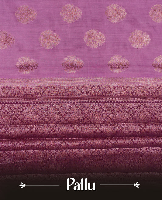Purple Banaras soft silk saree with gold zari oval motifs on body, with contrast Deep Purple colour floral pattern on pallu, border, and Matching blouse.