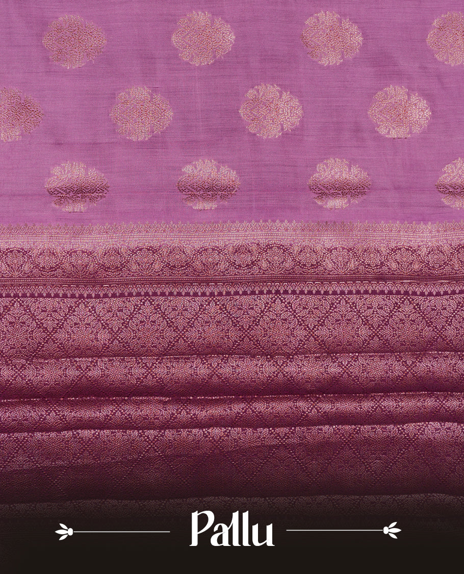 Purple Banaras soft silk saree with gold zari oval motifs on body, with contrast Deep Purple colour floral pattern on pallu, border, and Matching blouse.
