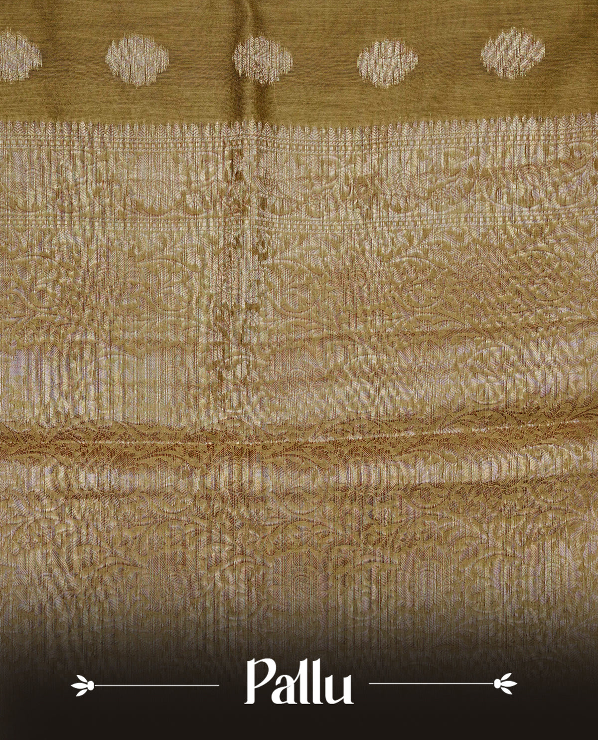 Olive colour Banaras silk saree featuring gold zari buttas on body, complemented by self colour with zari border, comes with matching blouse piece.
