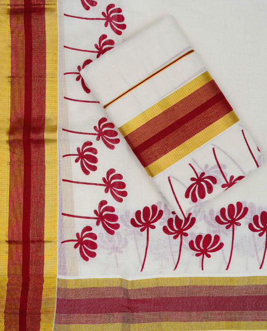 Cream colour cotton set mundu featuring kasav with Maroon Printed kara