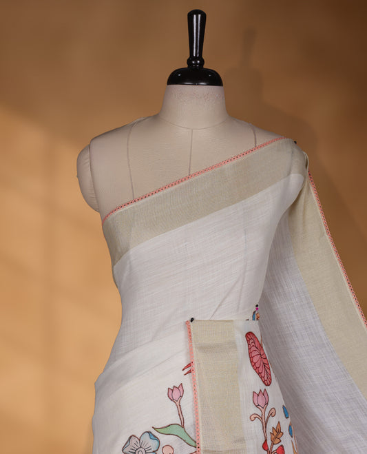 Cream colour cotton linen silk saree featuring Floral  & brids printed pattern on body, golden simple border with Peach colour pallu and comes with a matching blouse