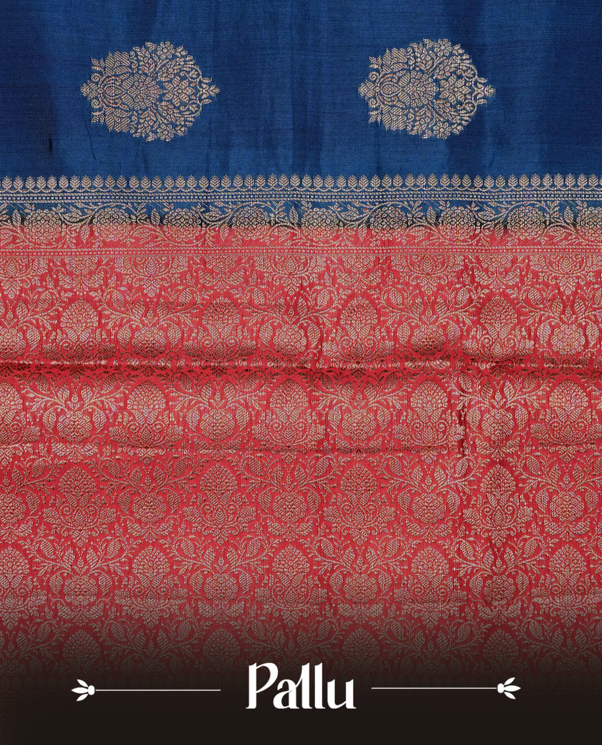 Teal blue colour banaras saree featuring gold zari motifs on body, complemented by contrast Maroon colour with gold zari border, comes with matching blouse piece.