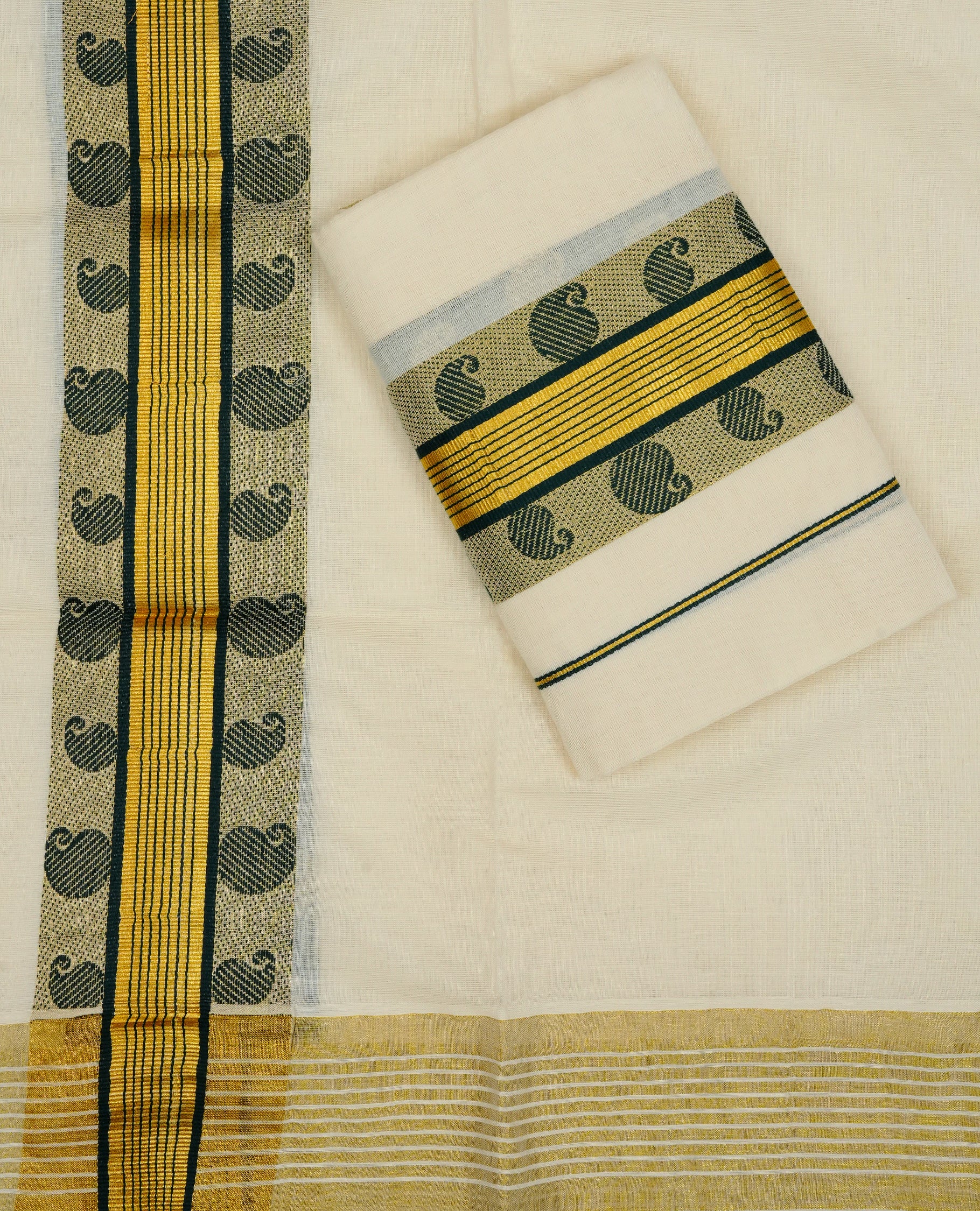 Cream colour cotton Set Mundu With Plain body, enhanced gold zari with designed kara.